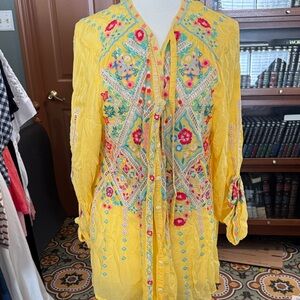 Johnny Was Yellow Embroidered Boho Blouse